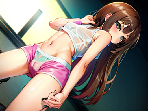 ,beautiful face,looking at viewer , light blue wet tight see-through top , short wet tight brown see-through shorts , black eyes ,i cup breast, perfect body ,masterpiece ,thin waist ,show arms ,show waist and tummy , sweat , show full body ,sexual position, coming out of her crotch,having sex, pink vibrator in her vagina,