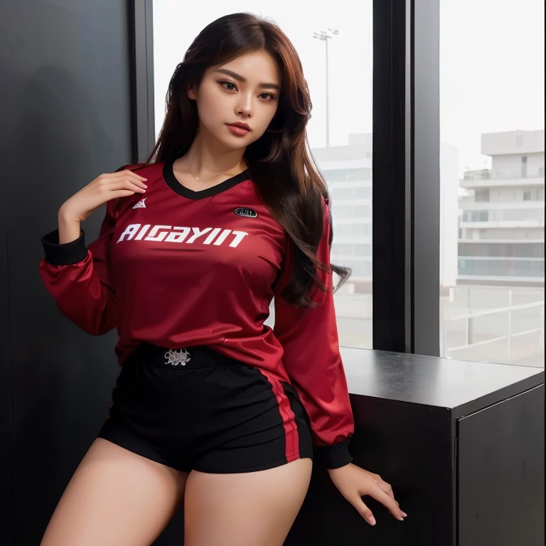 Close-up of woman with ponytail blowing up, black shorts,open legs,Large, prominent chest, Thai animation wearing a volleyball shirt, IG Model 3D| RTM germs, in red and black, irelia, Black and Red only, Red dress, Professional sports style, red and black, red and black suit, Tzuyu from two times, red black, black and red silk clothes, Sporty,
