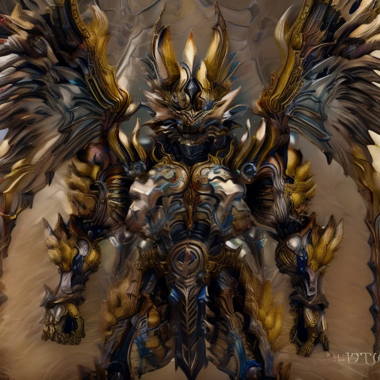 (Pokémon) (Zeraora), (masterpiece, best quality, detailed:1.2), (nj5furry), (medieval armor:1.3) sparkling skin, Vibrant colors, 4K, GOLD armor, Its full plate armor emphasizes the muscles. big muscle (pecs, triceps, traps) unusually developed muscular body, body full of huge muscles. showing off muscles, pectorales enormes. Exaggeratedly huge muscles. Gigachad Muscular, Very muscular, Large pecs, Spread wings, It has wings. have big wings. has 10 large wings. It has large golden wings. The feathers on its wings are detailed and realistic. FULL BODY, giant, huge body, long legs, gigantic, sitting on the throne,