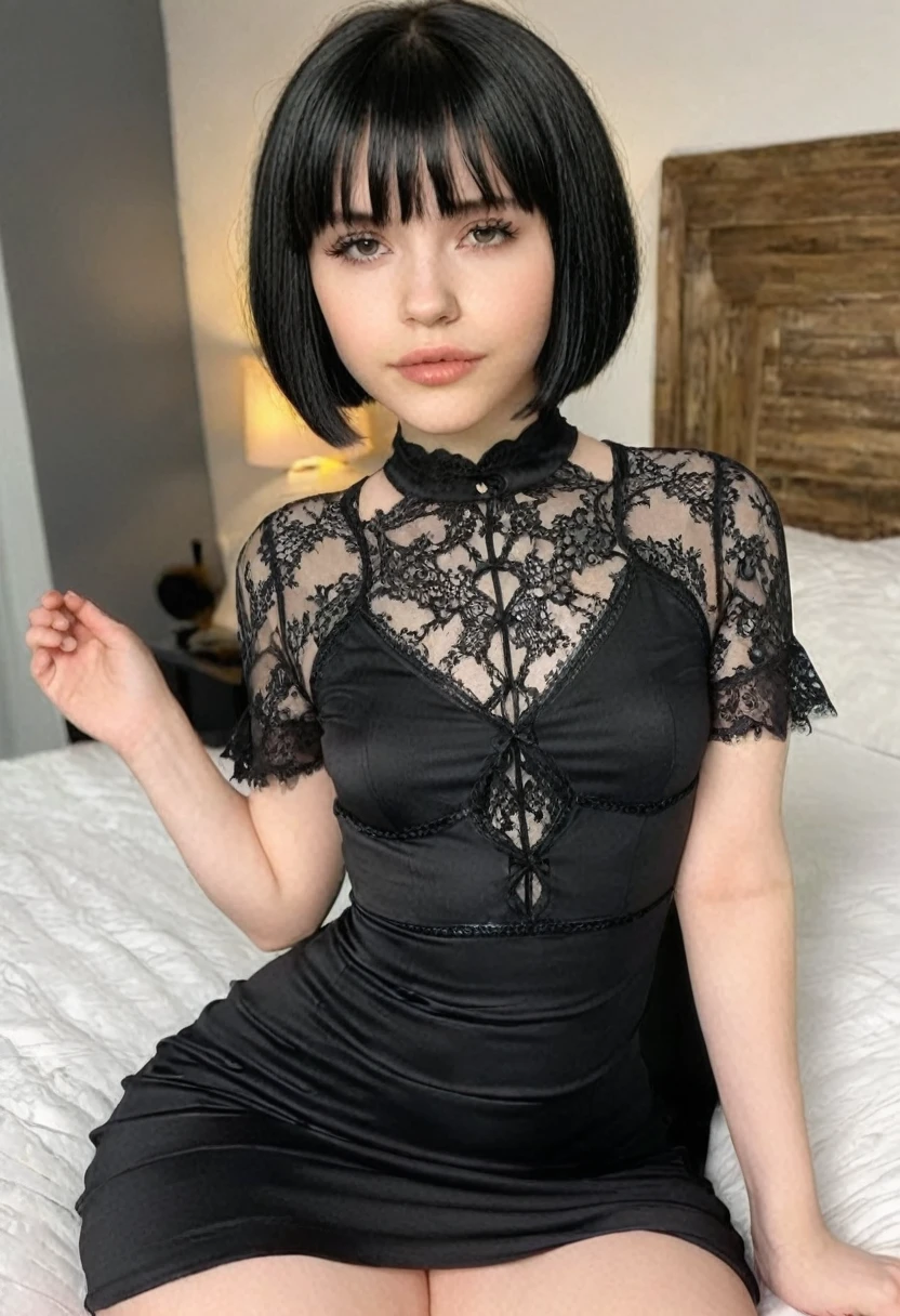 (Hotlexi woman), (best high quality:1.5), ((8k)), extremely detailed, (High details:1.4), Solo, 18 year old goth female, (short hair and bangs, sexy black dress),