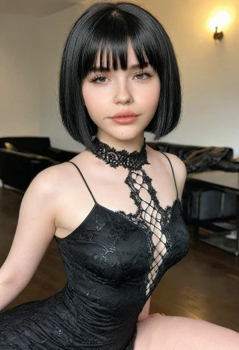 (Hotlexi woman), (best high quality:1.5), ((8k)), extremely detailed, (High details:1.4), Solo, 18 year old goth female, (short hair and bangs, sexy black dress),