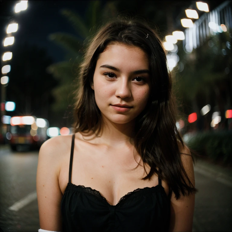 polaroid photo, night photo, photo of 21 y.o beautiful woman, bokeh, motion blur, no phone, natural lightning, looking at the camera, natural pose