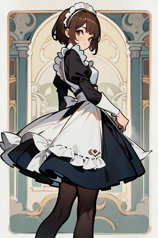 Mujer joven, semi short brown hair , traje de Maid, con mucho pecho