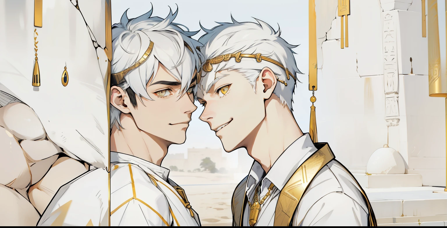 speaks to him intimidating mind smiles evilly cute 18 year old boy yellow eyes white hair ancient egyptian clothing golden jewelry