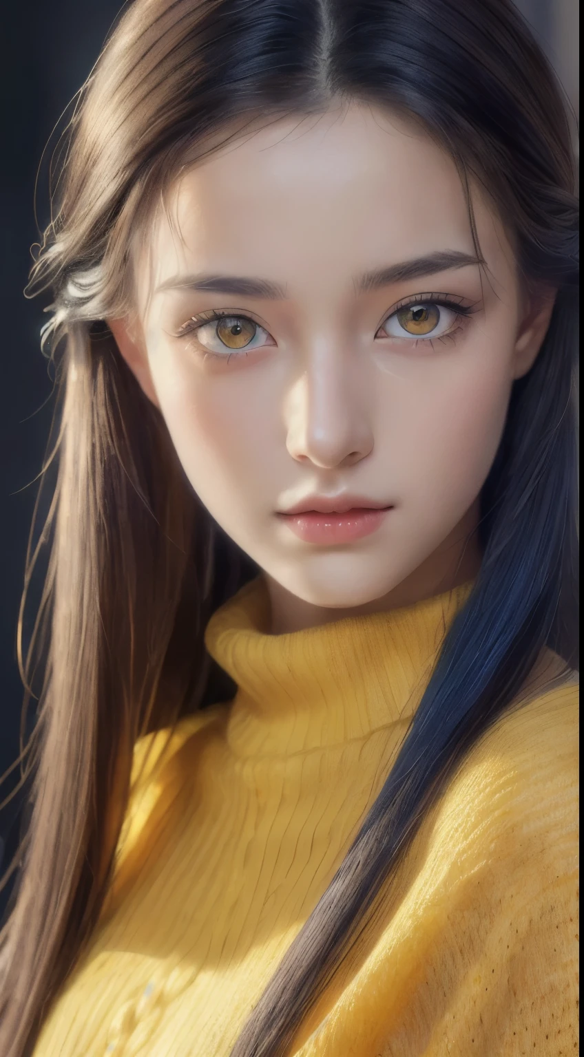 (masterpiece:1.3), (8k, photorealistic, RAW photo, best quality: 1.4), (1girl), beautiful face, (realistic face), (long blue hair), beautiful hairstyle, realistic eyes, beautiful detailed eyes ((yellow eyes)), (realistic skin), beautiful skin, (sweater), absurdres, attractive, ultra high res, ultra realistic, highly detailed, golden ratio