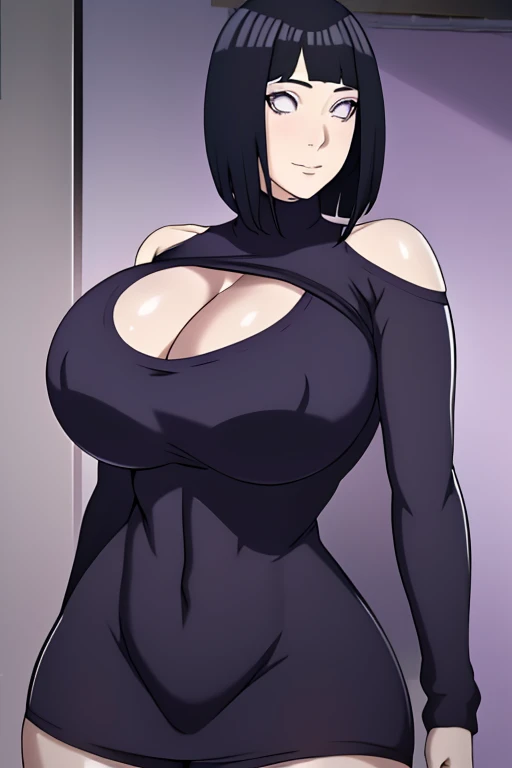 masterpiece, absurdres, hinata\(boruto\), 1girl, solo, female, minidress, perfect composition, detailed lips, gigantic breasttiful face, body propotion, short hair, purple eyes, soft gaze, super realistic, detailed, photoshoot, realistic face and body, black turtleneck, (gigantic breasts: 1.1y, cowboy shot, bare shoulders, seductive smile, inside, nightclub, cleavage, (gigantic: 1.4)