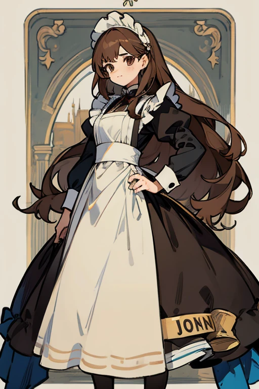 Mujer joven, long brown hair , traje de Maid, con muchos pechos