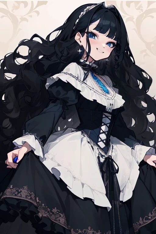 (highest quality、masterpiece:1.2), ((young woman))huge , adult face、black hair、two side up、BLUE eyes, (dark eye shadow、lots of earrings) gothic dress, black dress, victorian dress, (((fluffy hair))), makeup, finely detailed, (best quality), (intricate details), ((Long jet black hair)), ((Hair is fluffy)), best quality, beautiful face, cute face, pinup, perfect face, (((blue eyes))), ((curly long hair)), bratty, smug face, ((Bratty smile, happy))