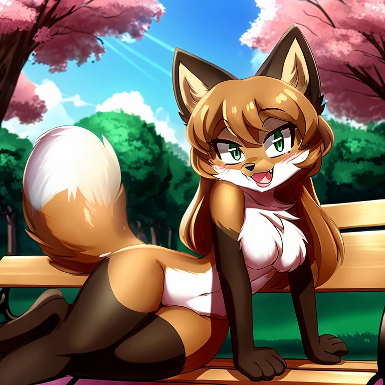 uploaded the e621, beautiful and detailed, woman (((female))) ((anthro)) Fox, (Averi, Fox girl), cinematic lighting, Fox, (anthro, fluffy fur), 1girl, anthro fox girl, body fur, curvy, sexy, nice, cute, hot, comfortable anime-style cartoon-style, digital drawing, SFW, flat chest, nervous smiling, green eyes, sassy, sassy hips, fangs, smiling, in a park, sitting, sitting on a bench, park bench, green seater