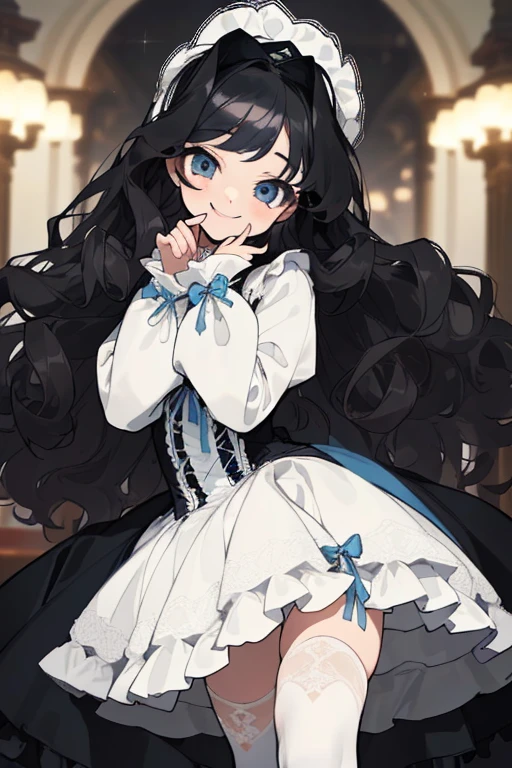 (masterpiece, best quality), warm lighting, blurry foreground, ((White ruff)), 1 girl, cowboy shot, ((victorian outfit)), (lolita attire), (((fluffy hair))), makeup, finely detailed, (best quality), (intricate details), ((Long jet black hair)), ((Hair is fluffy)), best quality, ((Puffy long sleeve dress)), (white ruff), ((Thigh high socks)), ((socks are white)), ((round eyes)), beautiful face, cute face, pinup, perfect face, (((blue eyes))), ((curly long hair)), ((Bratty smile, happy)), Dress is long