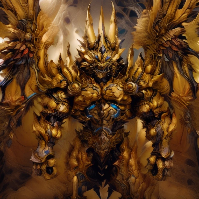 (Pokémon) (Zeraora), (masterpiece, best quality, detailed:1.2), (nj5furry), (medieval armor:1.3) sparkling skin, Vibrant colors, 4K, GOLD armor, Its full plate armor emphasizes the muscles. big muscle (pecs, triceps, traps) unusually developed muscular body, body full of huge muscles. showing off muscles, pectorales enormes. Exaggeratedly huge muscles. Gigachad Muscular, Very muscular, Large pecs, Spread wings, It has wings. have big wings. has 10 large wings. It has large golden wings. The feathers on its wings are detailed and realistic. Cool pose