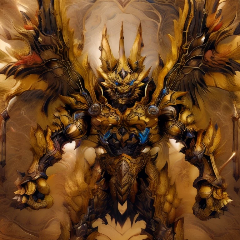 (Pokémon) (Zeraora), (masterpiece, best quality, detailed:1.2), (nj5furry), (medieval armor:1.3) sparkling skin, Vibrant colors, 4K, GOLD armor, Its full plate armor emphasizes the muscles. big muscle (pecs, triceps, traps) unusually developed muscular body, body full of huge muscles. showing off muscles, pectorales enormes. Exaggeratedly huge muscles. Gigachad Muscular, Very muscular, Large pecs, Spread wings, It has wings. have big wings. has 10 large wings. It has large golden wings. The feathers on its wings are detailed and realistic. Cool pose