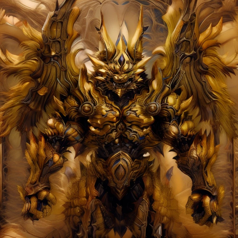 (Pokémon) (Zeraora), (masterpiece, best quality, detailed:1.2), (nj5furry), (medieval armor:1.3) sparkling skin, Vibrant colors, 4K, GOLD armor, Its full plate armor emphasizes the muscles. big muscle (pecs, triceps, traps) unusually developed muscular body, body full of huge muscles. showing off muscles, pectorales enormes. Exaggeratedly huge muscles. Gigachad Muscular, Very muscular, Large pecs, Spread wings, It has wings. have big wings. has 10 large wings. It has large golden wings. The feathers on its wings are detailed and realistic. Cool pose