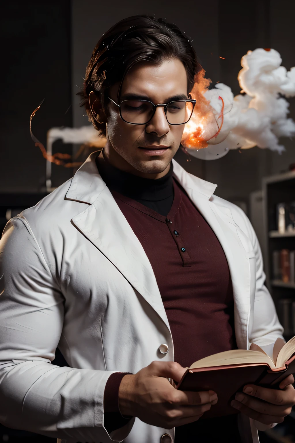 Create a bodybuilder in a scientist's outfit with a white coat and glasses with a lot of red smoke around him, reading a book, ultra-realistic with a black background