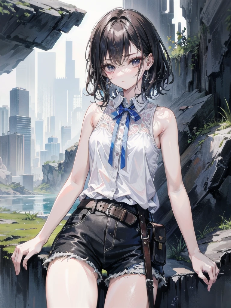 whole body, yuri, cowgirl outfit, holster, sleeveless, shorts, absurdres, extremely delicate and beautiful, Best Quality, pale skin, 20 years old, tearful mole, earring, short medium hair, wavy hair,