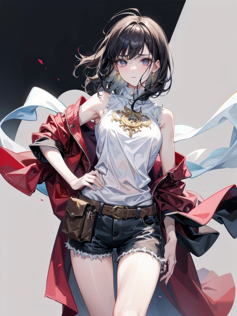whole body, yuri, cowgirl outfit, holster, sleeveless, shorts, absurdres, extremely delicate and beautiful, Best Quality, pale skin, 20 years old, tearful mole, earring, short medium hair, wavy hair,