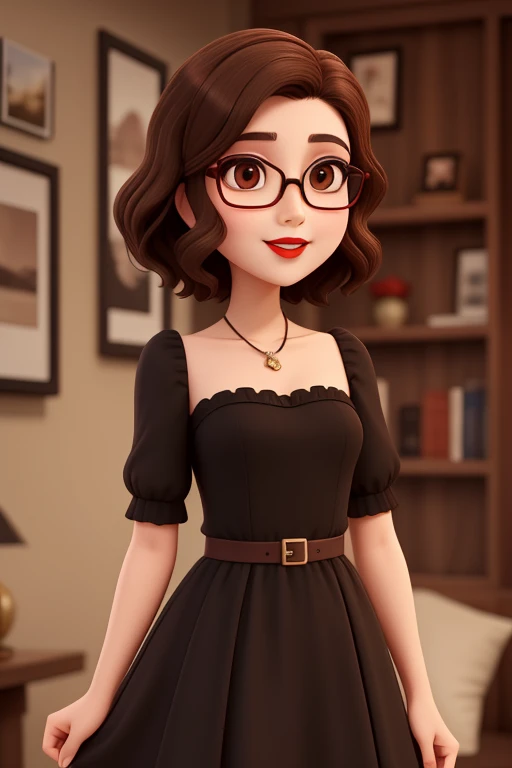 A ypung lady, short brown hair, square glasses, dark red lips, brown eyes, black dress