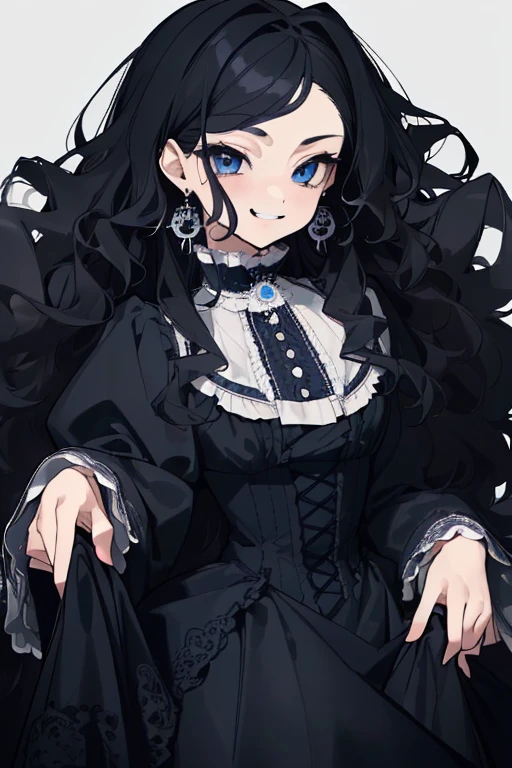 (highest quality、masterpiece:1.2), ((young woman))huge , adult face、black hair、two side up、BLUE eyes, (dark eye shadow、lots of earrings) gothic dress, black dress, victorian dress, (((fluffy hair))), makeup, finely detailed, (best quality), (intricate details), ((Long jet black hair)), ((Hair is fluffy)), best quality, beautiful face, cute face, pinup, perfect face, (((blue eyes))), ((curly long hair)), bratty, smug face, ((Bratty smile, happy))