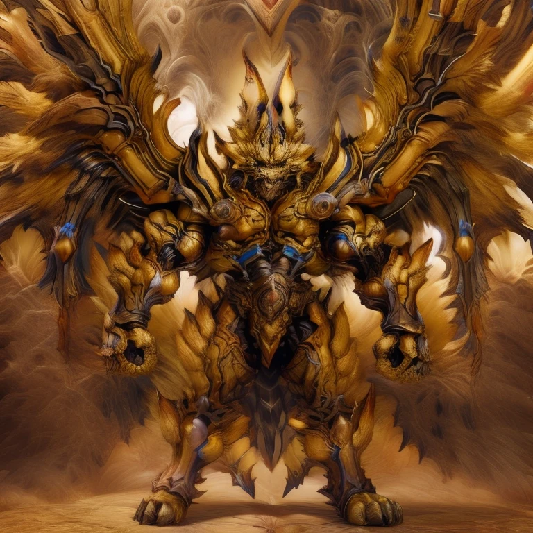 (Pokémon) (Zeraora), (masterpiece, best quality, detailed:1.2), (nj5furry), (medieval armor:1.3) sparkling skin, Vibrant colors, 4K, GOLD armor, Its full plate armor emphasizes the muscles. big muscle (pecs, triceps, traps) unusually developed muscular body, body full of huge muscles. showing off muscles, pectorales enormes. Exaggeratedly huge muscles. Gigachad Muscular, Very muscular, Large pecs, Spread wings, It has wings. have big wings. has 10 large wings. It has large golden wings. The feathers on its wings are detailed and realistic. FULL BODY, giant, huge body, long legs