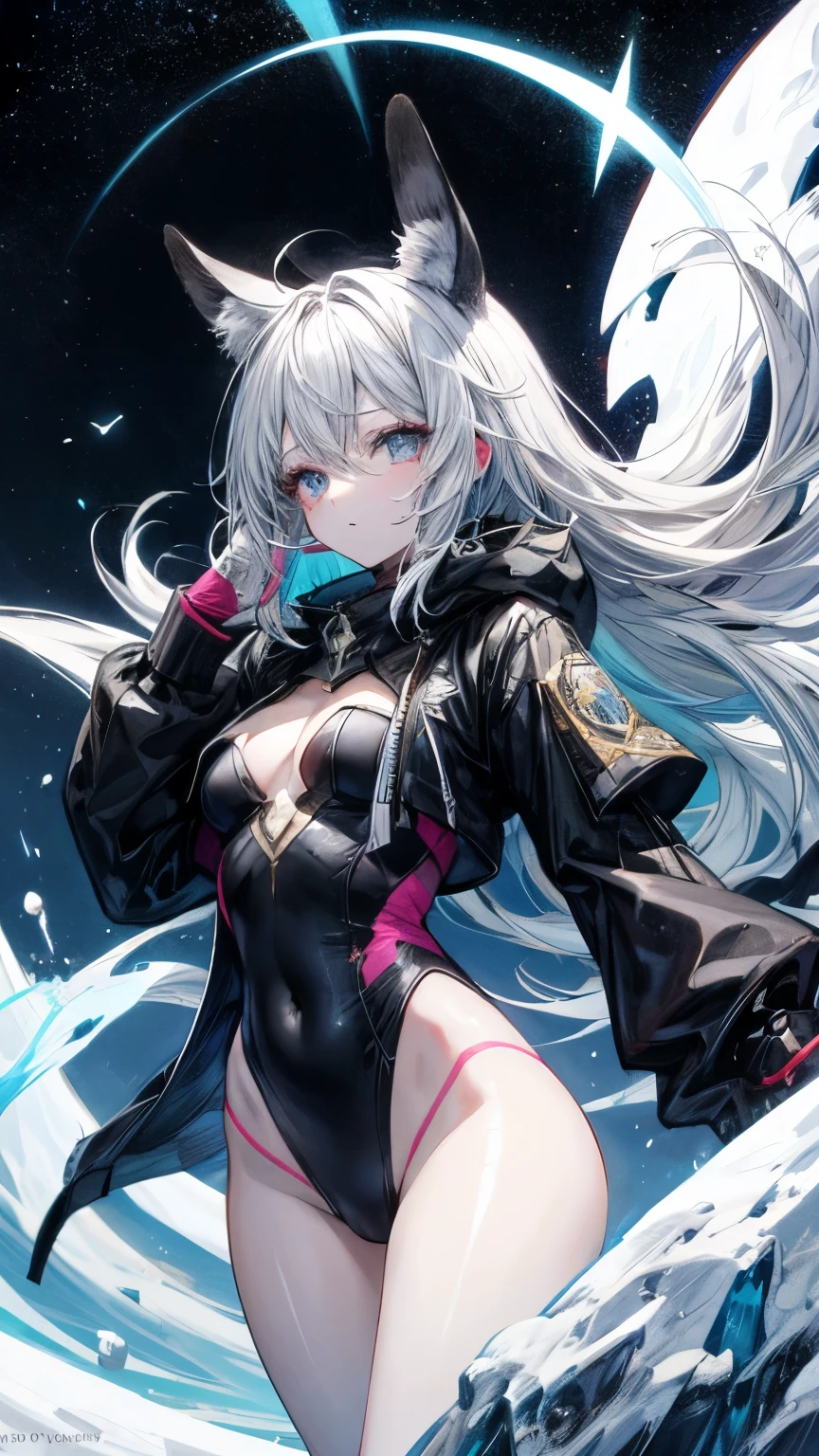 a girl,cabello blanco,Ojos celestiales,Orejas de conejo,con una tablet,fondo de colores,Cuerpo completo,Detras de ella hay una estrella negra,piel boanca como la nieve