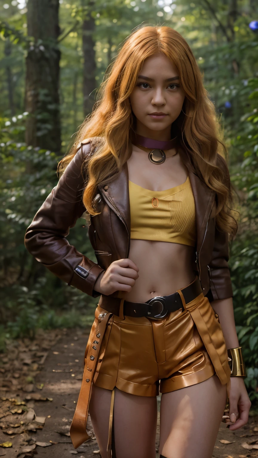 Yang Xiao Long (\Ruby\), 1 girl, highest quality, High resolution, masterpiece, High resolution, sharp: 1.2, Perfect body beauty: 1.4, Slim Abs: 1.2, Highly detailed face and skin texture, Fine grain, double eyelid, Looking into the camera, Purple eyes, Long Hair, Forest Background, Perfect lighting,(bright), leather jacket, Hyperrealism, Knee socks, Ruby, wavy bright golden hair, Mechanical gauntlet, Tan shorts, Orange neckband, Tea belt, Yang Xiao Long