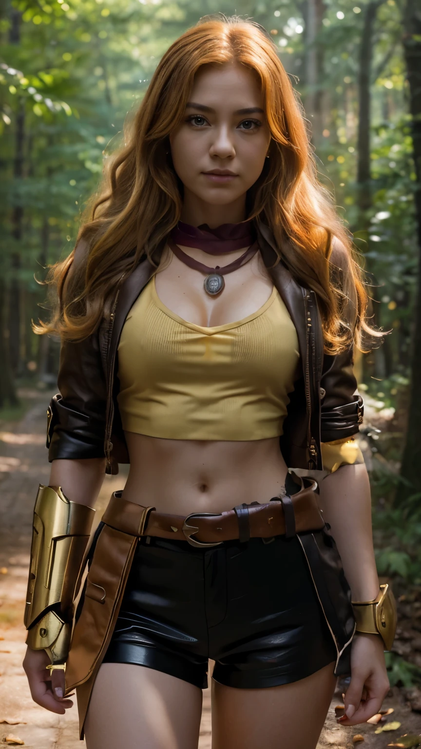Yang Xiao Long (\Ruby\), 1 girl, highest quality, High resolution, masterpiece, High resolution, sharp: 1.2, Perfect body beauty: 1.4, Slim Abs: 1.2, Highly detailed face and skin texture, Fine grain, double eyelid, Looking into the camera, Purple eyes, Long Hair, Forest Background, Perfect lighting,(bright), leather jacket, Hyperrealism, Knee socks, Ruby, wavy bright golden hair, Mechanical gauntlet, Tan shorts, Orange neckband, Tea belt, Yang Xiao Long
