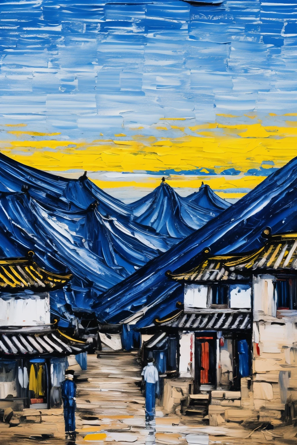 Thick painted Chinese cartoons, textbook illustrations, Feng Zikai, Eastern poetry and painting, a burly person carrying goods walking on the mountaineering steps, long mountain roads, steep mountain roads, early morning, faint mist, blurred sun, high-definition, movie lighting, looking up, depth of field, ink painting Chinese cartoons, farmer paintings, high-quality, masterpiece, perfect composition,