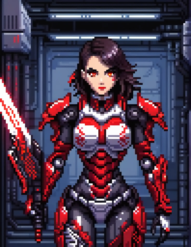 (masterpiece, top quality, best quality), pixel,pixel art,A seductive voluptuous female killer cyborg woman with shoulder length dark hair and (glowing red bionic eyes), wearing powered armor, holding a heavy weapon,fullbody