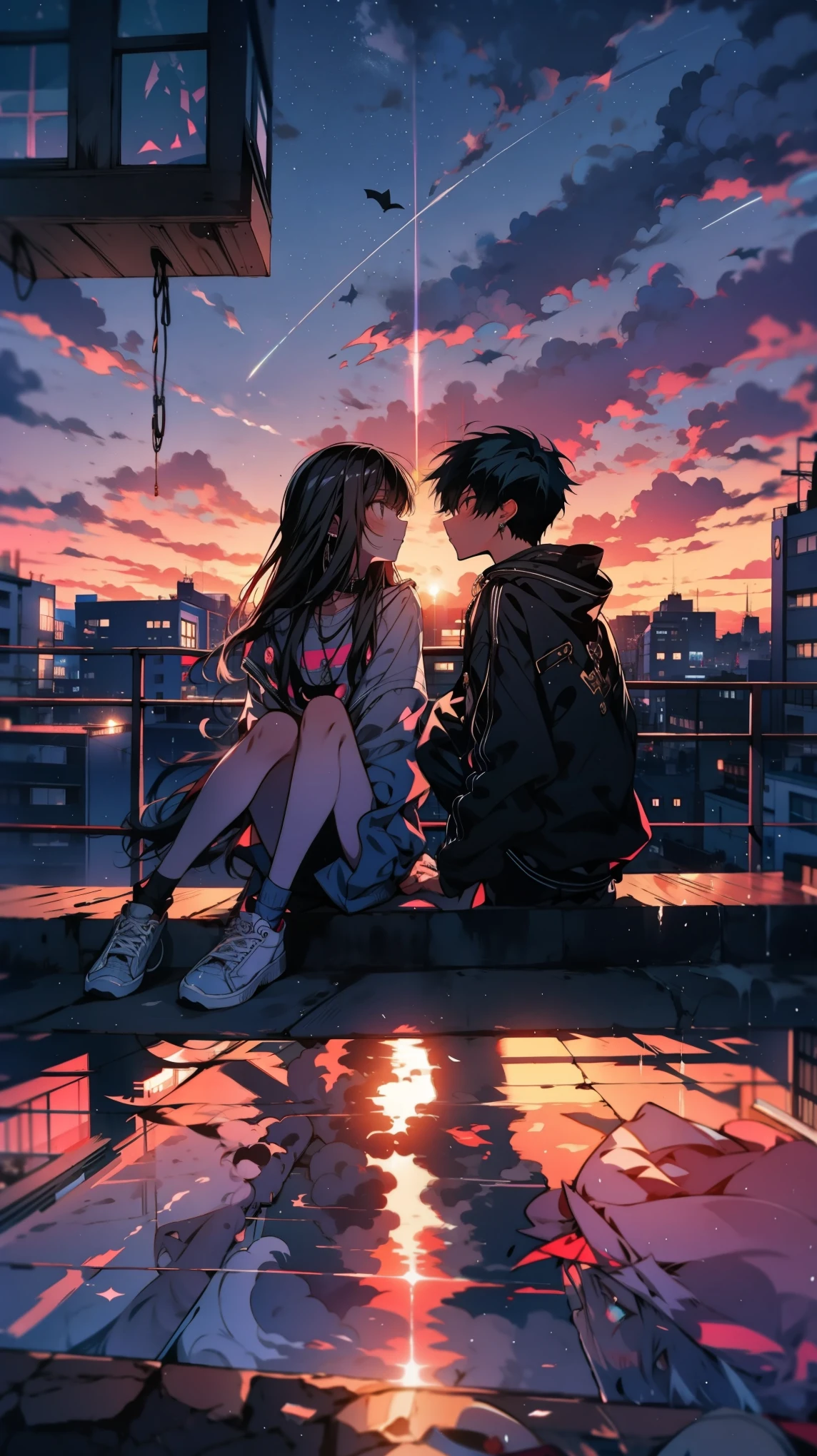 thin outlines, anime style, cool and edgy, a age boy and girl sitting on a rooftop at dusk, watching the stars come out, their faces lit with soft, ethereal light, and expressions of pure joy. peaceful, dreamy lighting, high detail, nostalgic mood, fashionable, posing, colorful, confident, expression, accessory, coiled, around, stylish, striking, modern, fashion