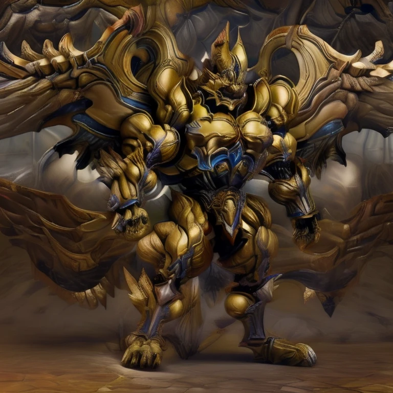 (Pokémon) (Zeraora), (masterpiece, best quality, detailed:1.2), (nj5furry), (medieval armor:1.3) sparkling skin, Vibrant colors, 4K, GOLD armor, Its full plate armor emphasizes the muscles. big muscle (pecs, triceps, traps) unusually developed muscular body, body full of huge muscles. showing off muscles, pectorales enormes. Exaggeratedly huge muscles. Gigachad Muscular, Very muscular, Large pecs, Spread wings, It has wings. have big wings. has 10 large wings. It has large golden wings. The feathers on its wings are detailed and realistic. FULL BODY, giant, huge body, long legs