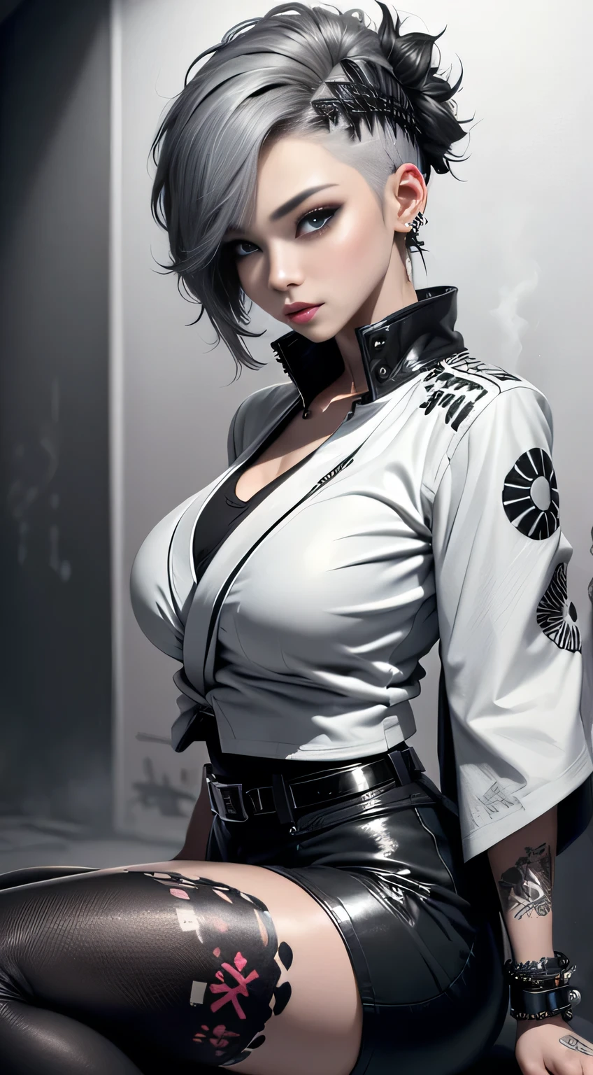 sfw, (Realistic:1.3), (official art), (gorgeous, elegant, luxury), (beautiful still life painting art), ultra detailed, beautiful, masterpiece, best quality, _ BREAK (1girl:1.2), 22 years old, 160 cm, Japanese cute model, Tightened all body, medium Breasts, small head, small face, diamond Face, small nose, Sharp Faceline, young hands and fingers, beautiful hands and fingers, five fingers, _ BREAK (Glossy Lips:1.3), (Light color lips, Half open mouth, beautiful Teeth:1.2), (dropy eyes, Double eyelid, Blue eyes:1.), _ BREAK (punk arranged hairstyle:1.3),(hairstyle with complicated decorations:1.3), (gray hair:1.3), _ BREAK (White and black theme:1.3), (futuristic white background), (blurry background, Fog, mist:1.7), _ BREAK (wide angle:1.7), random pose, _ BREAK（White and black theme:1.4), (Geometric pattern print:1.4),(fusion of traditional High collar kimono and punk elements:1.4), (black leather jacket with white silk kimono:1.2), (silver studded details on kimono:1.2), (punk-inspired accessories, black Leather thigh belt:1.4), _ BREAK (punk-style boots:1.2), _ BREAK (Cityscape background:1.2), (White and black graffiti-covered walls:1.4), _ BREAK (Confident sitting pose:1.2),、 wearing bra,((skinny waist)), young asian girl, ((big breasted)),