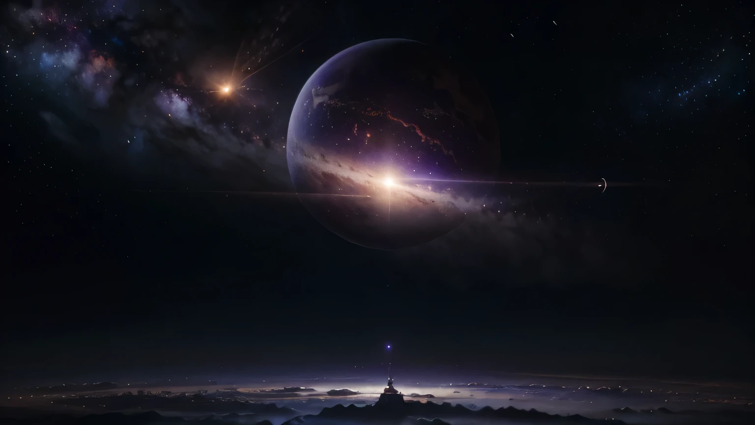 a stunning distant celestial purple planet, a vast galaxy, a gigantic clock, a rocket, a lost astronaut, best quality, 4k, 8k, highres, masterpiece:1.2, ultra-detailed, realistic, photorealistic, photo-realistic:1.37, cinematic lighting, dramatic colors, intricate details, atmospheric, science fiction, concept art style