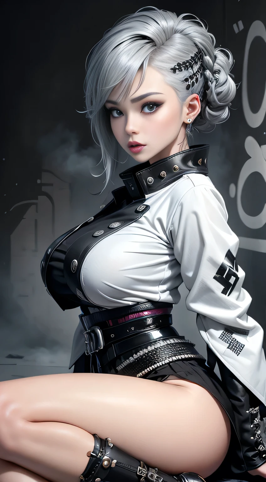 sfw, (Realistic:1.3), (official art), (gorgeous, elegant, luxury), (beautiful still life painting art), ultra detailed, beautiful, masterpiece, best quality, _ BREAK (1girl:1.2), 22 years old, 160 cm, Japanese cute model, Tightened all body, medium Breasts, small head, small face, diamond Face, small nose, Sharp Faceline, young hands and fingers, beautiful hands and fingers, five fingers, _ BREAK (Glossy Lips:1.3), (Light color lips, Half open mouth, beautiful Teeth:1.2), (dropy eyes, Double eyelid, Blue eyes:1.), _ BREAK (punk arranged hairstyle:1.3),(hairstyle with complicated decorations:1.3), (gray hair:1.3), _ BREAK (White and black theme:1.3), (futuristic white background), (blurry background, Fog, mist:1.7), _ BREAK (wide angle:1.7), random pose, _ BREAK(White and black theme:1.4), (Geometric pattern print:1.4),(fusion of traditional High collar kimono and punk elements:1.4), (black leather jacket with white silk kimono:1.2), (silver studded details on kimono:1.2), (punk-inspired accessories, black Leather thigh belt:1.4), _ BREAK (punk-style boots:1.2), _ BREAK (Cityscape background:1.2), (White and black graffiti-covered walls:1.4), _ BREAK (Confident sitting pose:1.2),、 wearing bra,((skinny waist)), young asian girl, ((big breasted)),