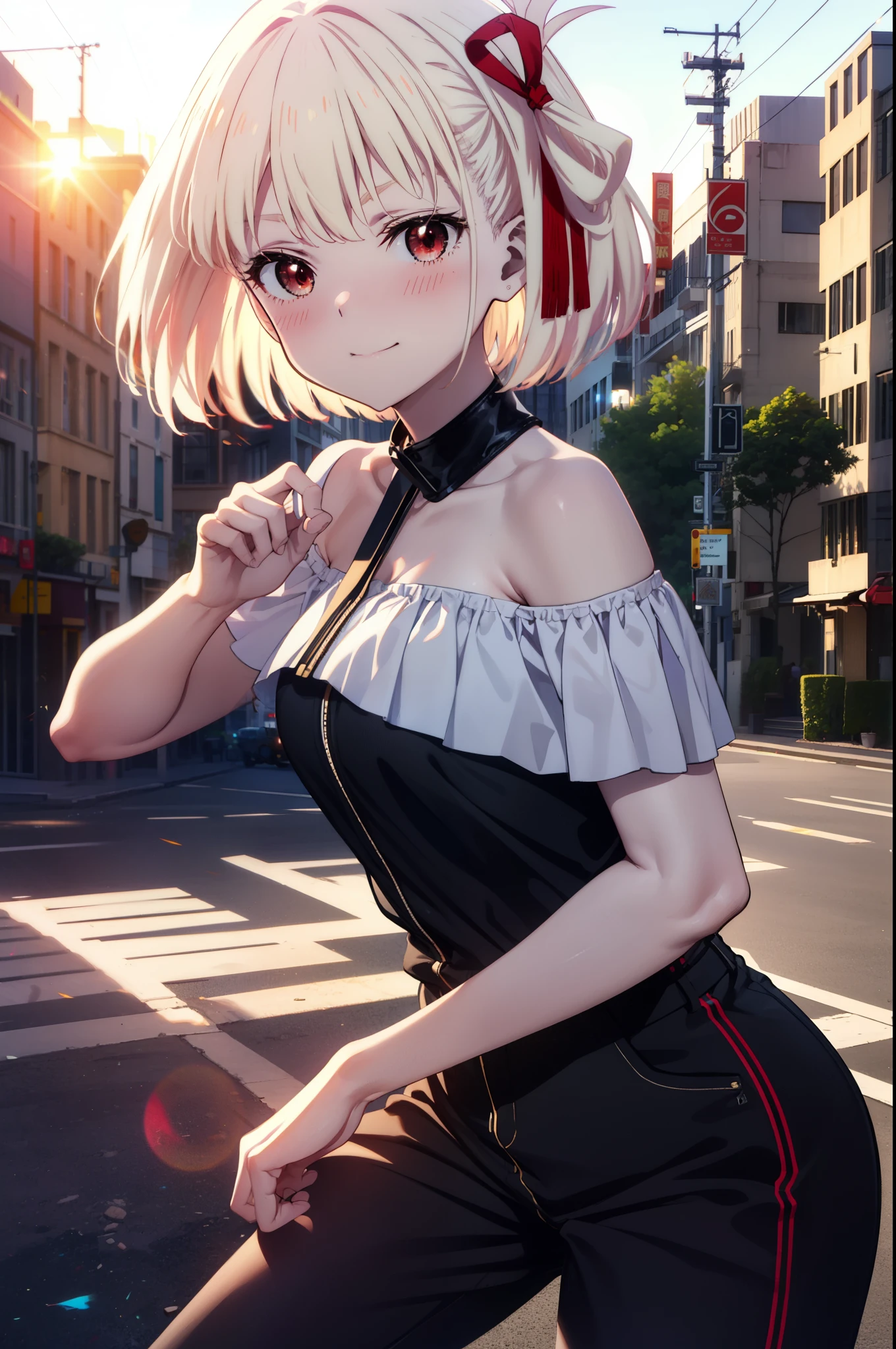 chisatonishikigi, Chisato Nishikigi, short hair, bangs, Blonde Hair, (Red eyes:1.5), hair ribbon, One side up, Bobcut,smile,blush,
Cord off-shoulder top,Short sleeve,skinny pants,Stiletto heels,morning,morning陽,The sun is rising,The whole body of the person walking is included in the illustration.,morning,morning陽,The sun is rising,
Destroy outdoors, city,Building district,
壊す looking at viewer, Systemic
break (masterpiece:1.2), highest quality, High resolution, unity 8k wallpaper, (figure:0.8), (Beautiful fine details:1.6), Highly detailed face, Perfect lighting, Highly detailed CG, (Perfect hands, Perfect Anatomy),