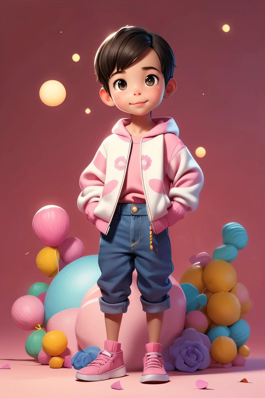 Boy, 8 years old, approximately 1.20 meters, slender and agile body, curious posture, oval face, with slightly pink cheeks, innocent and curious look, large and bright eyes, light brown in color, small nose, small mouth, salva princesa