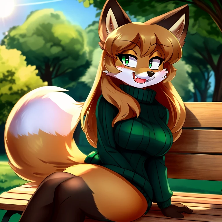 uploaded the e621, beautiful and detailed, woman (((female))) ((anthro)) Fox, (Averi, Fox girl), cinematic lighting, Fox, (anthro, fluffy fur), 1girl, anthro fox girl, body fur, curvy, sexy, nice, cute, hot, comfortable anime-style cartoon-style, digital drawing, SFW, flat chest, nervous smiling, green eyes, sassy, sassy hips, fangs, smiling, in a park, sitting, sitting on a bench, park bench, green sweater, wearing a sweater, flower in hand, sniffing flower