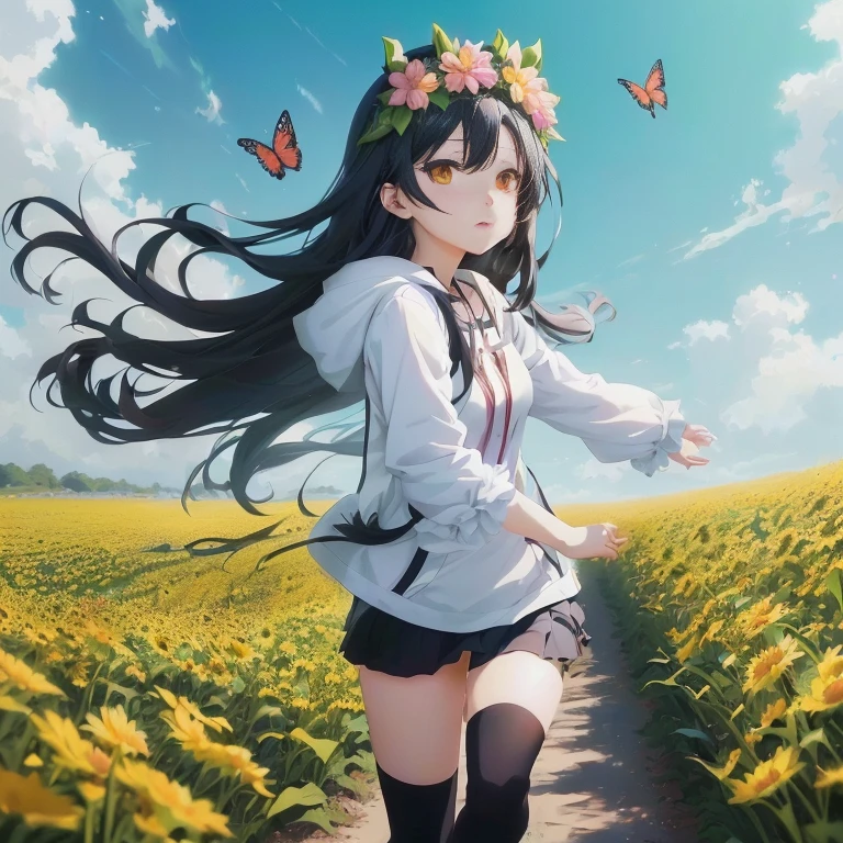 anime girl with long black hair and a flower crown in a field of flowers, anime style 4 k, anime moe artstyle, beautiful sunflower anime girl, official artwork, 4k anime wallpaper, high quality anime artstyle, anime art wallpaper 8 k, 4 k manga wallpaper, anime wallpaper 4k, anime wallpaper 4 k, hd anime wallaper, anime wallaper