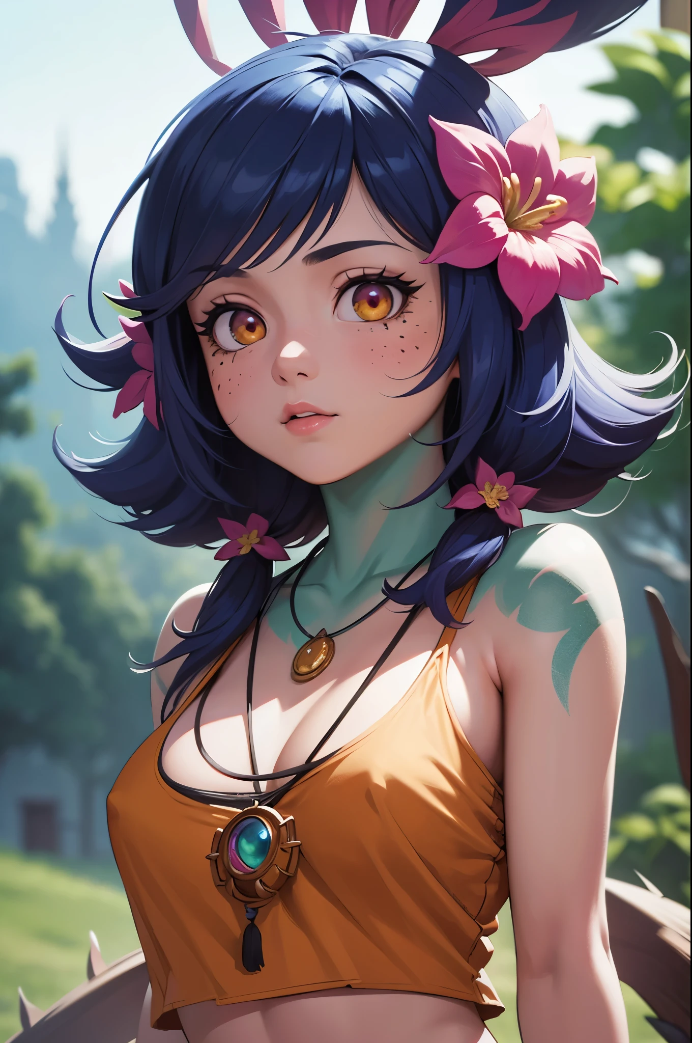 masterpiece,(best quality,top quality,8k),ultra detailed,illustration,painting,detailed eyes and face,icon,(close_up),1girl,neeko,facial marks, hair ornaments, hair flower, necklace,crop top,(anime style), pretty girl, beauty skin, ultra high res, raw photo,detailed body,(puffy eyes) ,good contrast , high sharpness,(gorgeous),realistic,RAW Photography,(hyperdetailed:1.2)