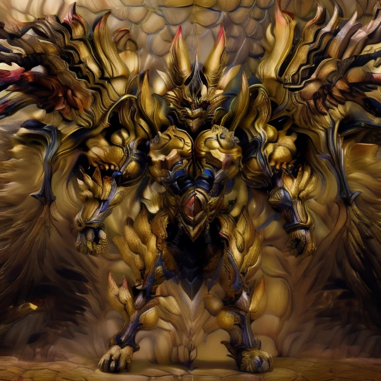 (Pokémon) (Zeraora), (masterpiece, best quality, detailed:1.2), (nj5furry), (medieval armor:1.3) sparkling skin, Vibrant colors, 4K, GOLD armor, Its full plate armor emphasizes the muscles. big muscle (pecs, triceps, traps) unusually developed muscular body, body full of huge muscles. showing off muscles, pectorales enormes. Exaggeratedly huge muscles. Gigachad Muscular, Very muscular, Large pecs, Spread wings, It has wings. have big wings. has 10 large wings. It has large golden wings. The feathers on its wings are detailed and realistic. FULL BODY, giant, huge body, long legs
