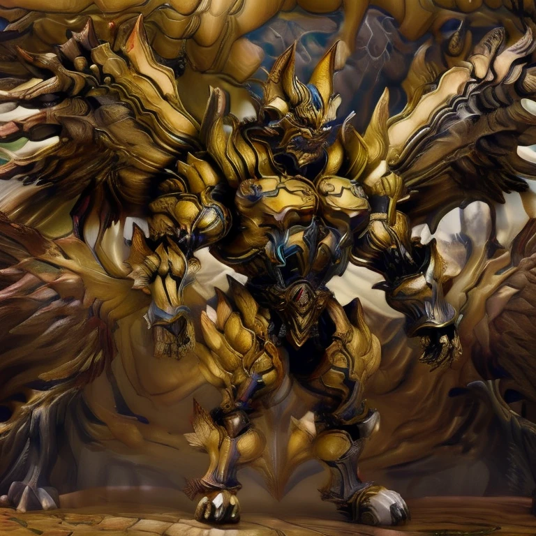 (Pokémon) (Zeraora), (masterpiece, best quality, detailed:1.2), (nj5furry), (medieval armor:1.3) sparkling skin, Vibrant colors, 4K, GOLD armor, Its full plate armor emphasizes the muscles. big muscle (pecs, triceps, traps) unusually developed muscular body, body full of huge muscles. showing off muscles, pectorales enormes. Exaggeratedly huge muscles. Gigachad Muscular, Very muscular, Large pecs, Spread wings, It has wings. have big wings. has 10 large wings. It has large golden wings. The feathers on its wings are detailed and realistic. FULL BODY, giant, huge body, long legs