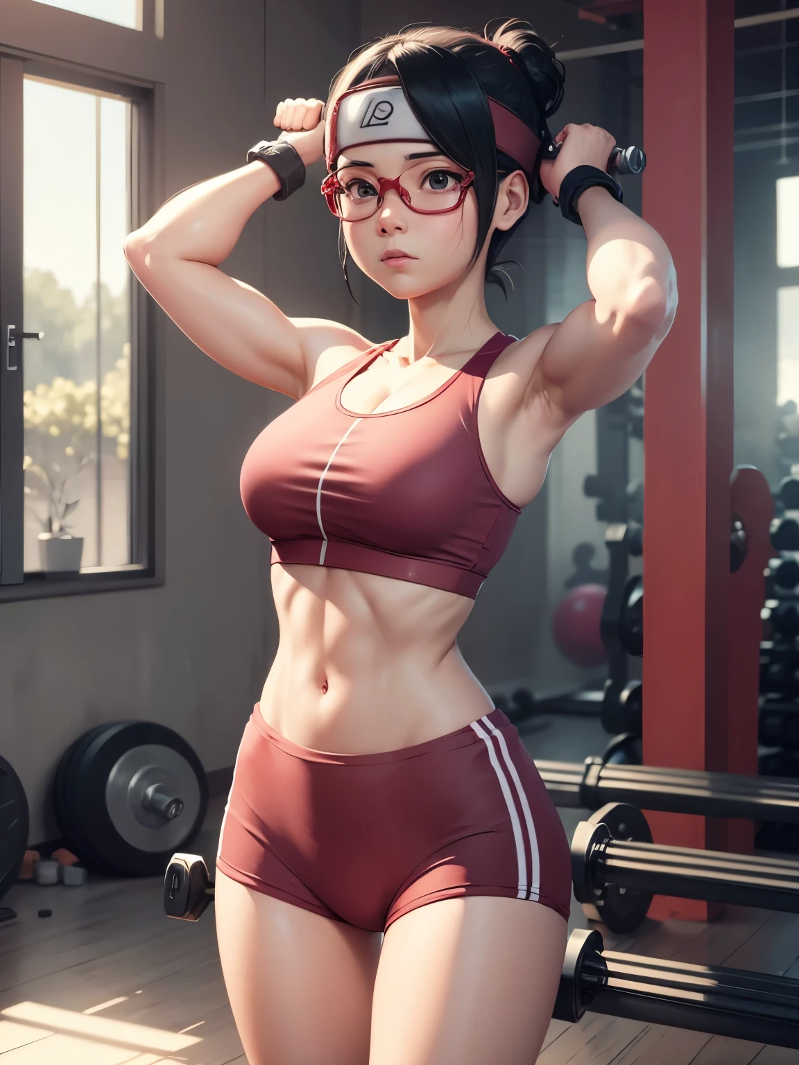 Sarada working out in the gym , gym clothes , water bottel , weight lifting , weight rack , masterpiece, great details, best quality , 8k , great illustration.