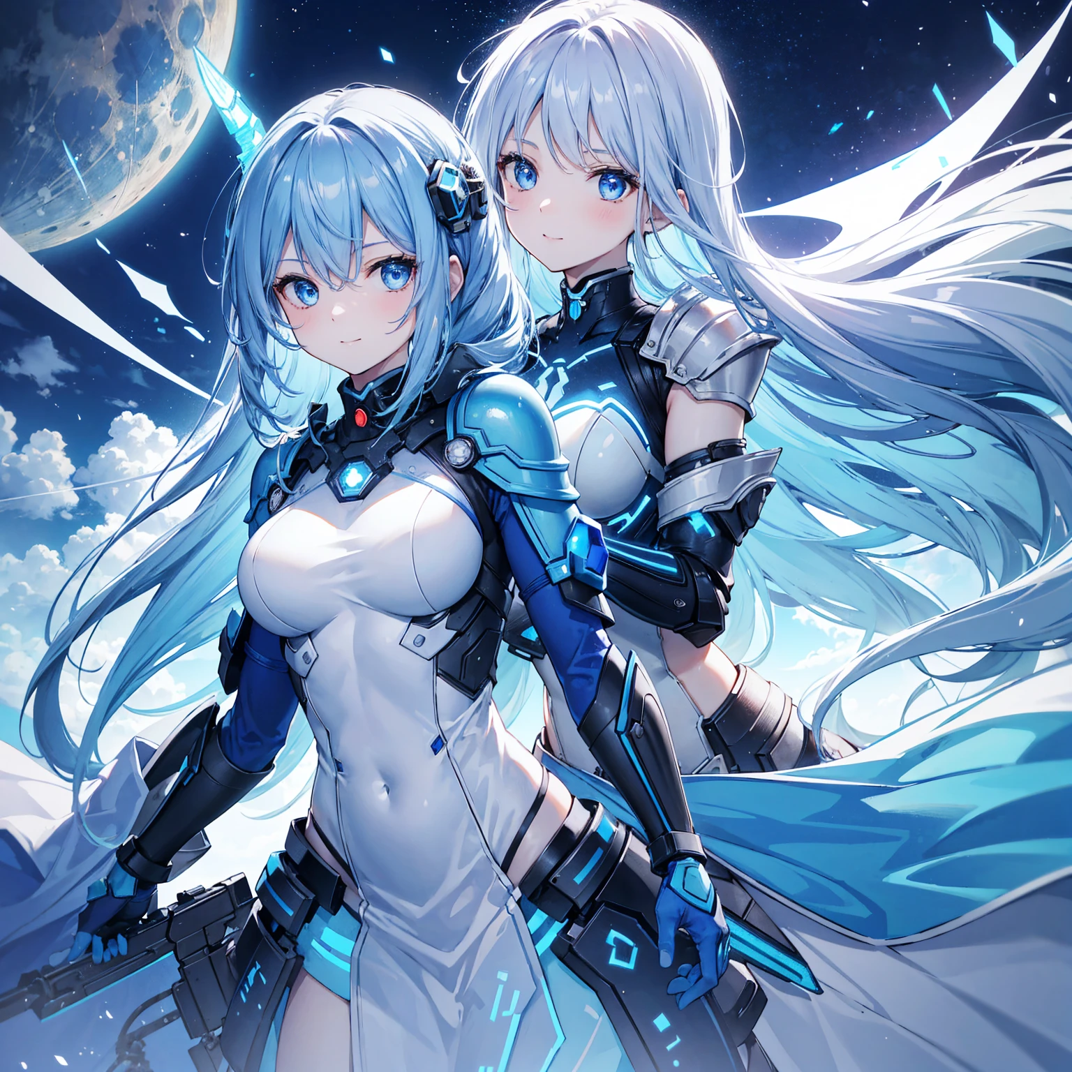 8k, highest quality, (real:1.4), Original photo, 1 girl, Asari Hair, Biological Amplifier, refined armor, posture: Peace talks between warring factions, smart blue eyes,A modest smile、Blue big moon and blue light swirl in the background、Blue light from behind、blue light magic