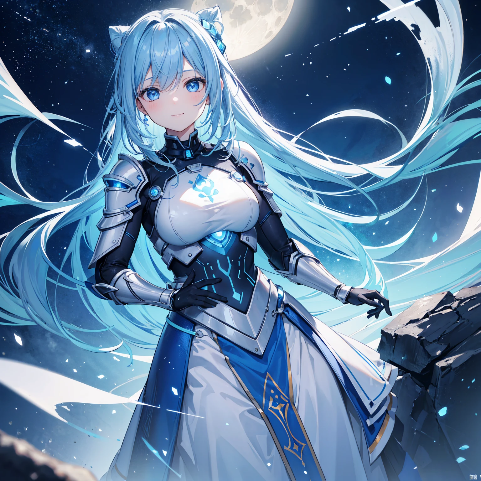 8k, highest quality, (real:1.4), Original photo, 1 girl, Asari Hair, Biological Amplifier, refined armor, posture: Peace talks between warring factions, smart blue eyes,A modest smile、Blue big moon and blue light swirl in the background、Blue light from behind、blue light magic
