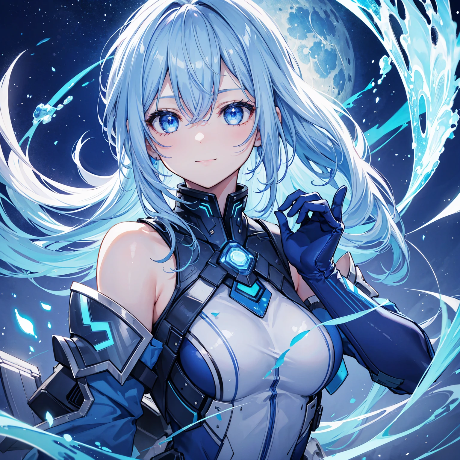 8k, highest quality, (real:1.4), Original photo, 1 girl, Asari Hair, Biological Amplifier, refined armor, posture: Peace talks between warring factions, smart blue eyes,A modest smile、Blue big moon and blue light swirl in the background、Blue light from behind、blue light magic