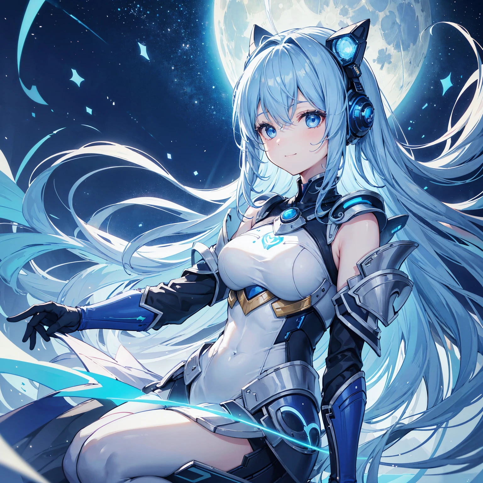 8k, highest quality, (real:1.4), Original photo, 1 girl, Asari Hair, Biological Amplifier, refined armor, posture: Peace talks between warring factions, smart blue eyes,A modest smile、Blue big moon and blue light swirl in the background、Blue light from behind、blue light magic