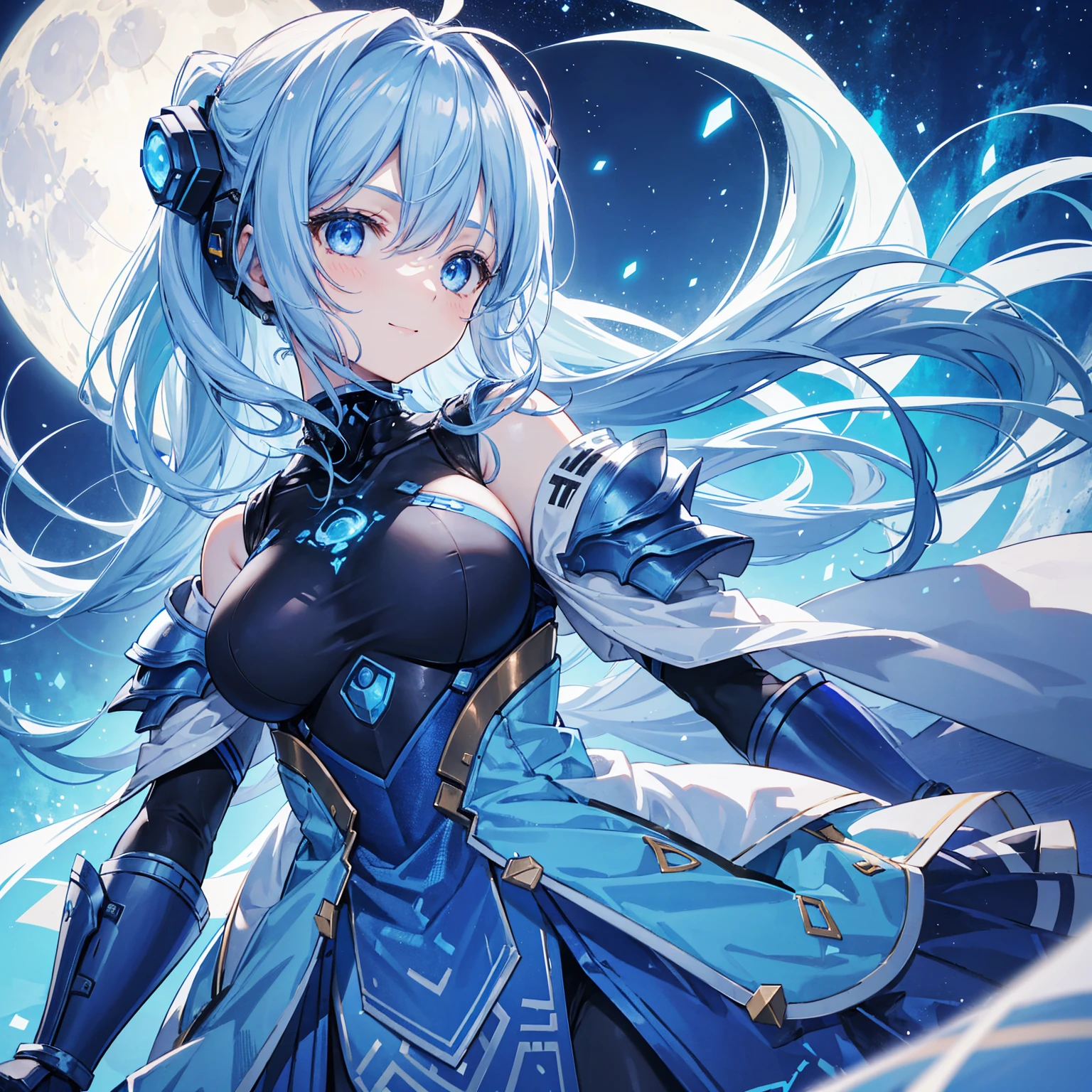 8k, highest quality, (real:1.4), Original photo, 1 girl, Asari Hair, Biological Amplifier, refined armor, posture: Peace talks between warring factions, smart blue eyes,A modest smile、Blue big moon and blue light swirl in the background、Blue light from behind、blue light magic