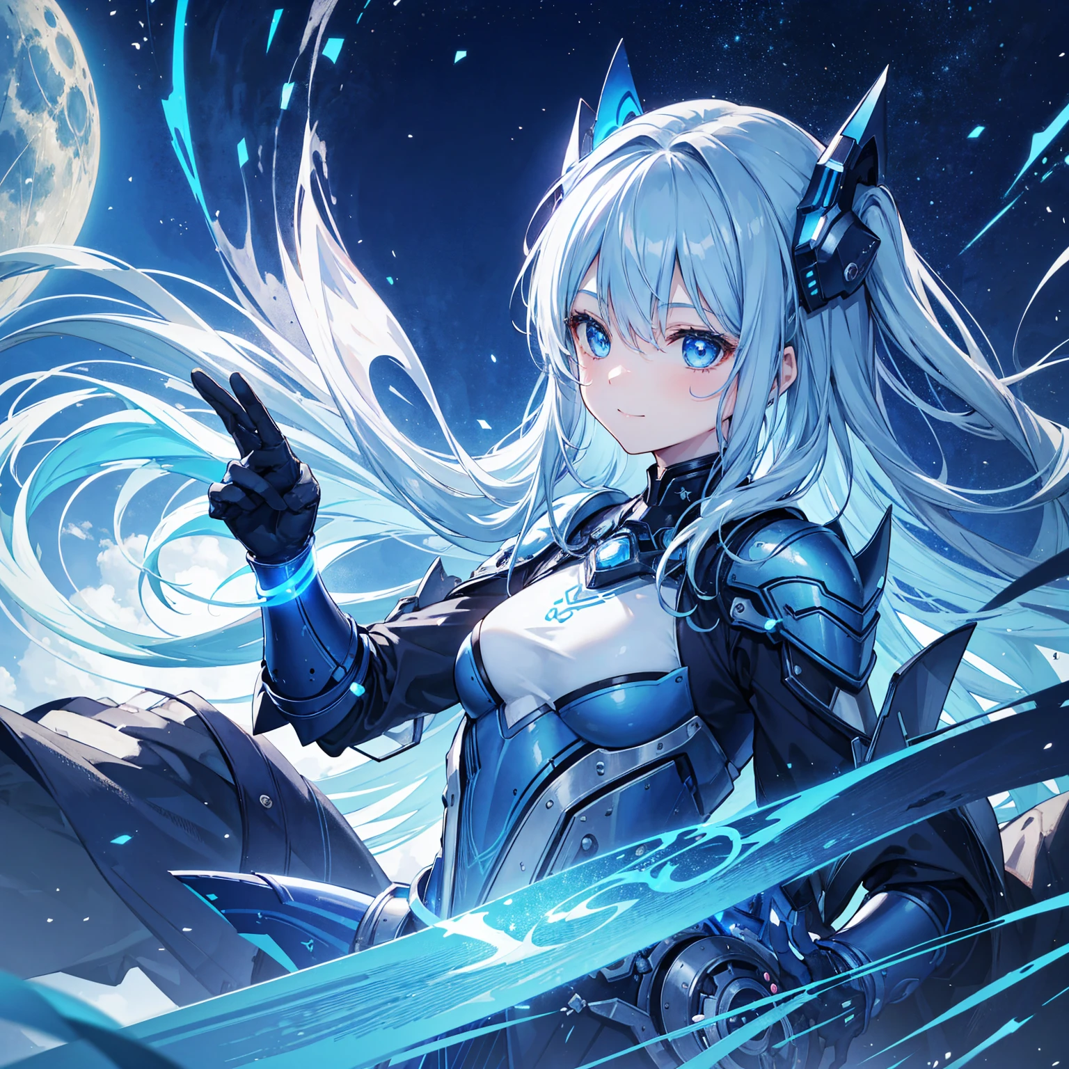 8k, highest quality, (real:1.4), Original photo, 1 girl, Asari Hair, Biological Amplifier, refined armor, posture: Peace talks between warring factions, smart blue eyes,A modest smile、Blue big moon and blue light swirl in the background、Blue light from behind、blue light magic
