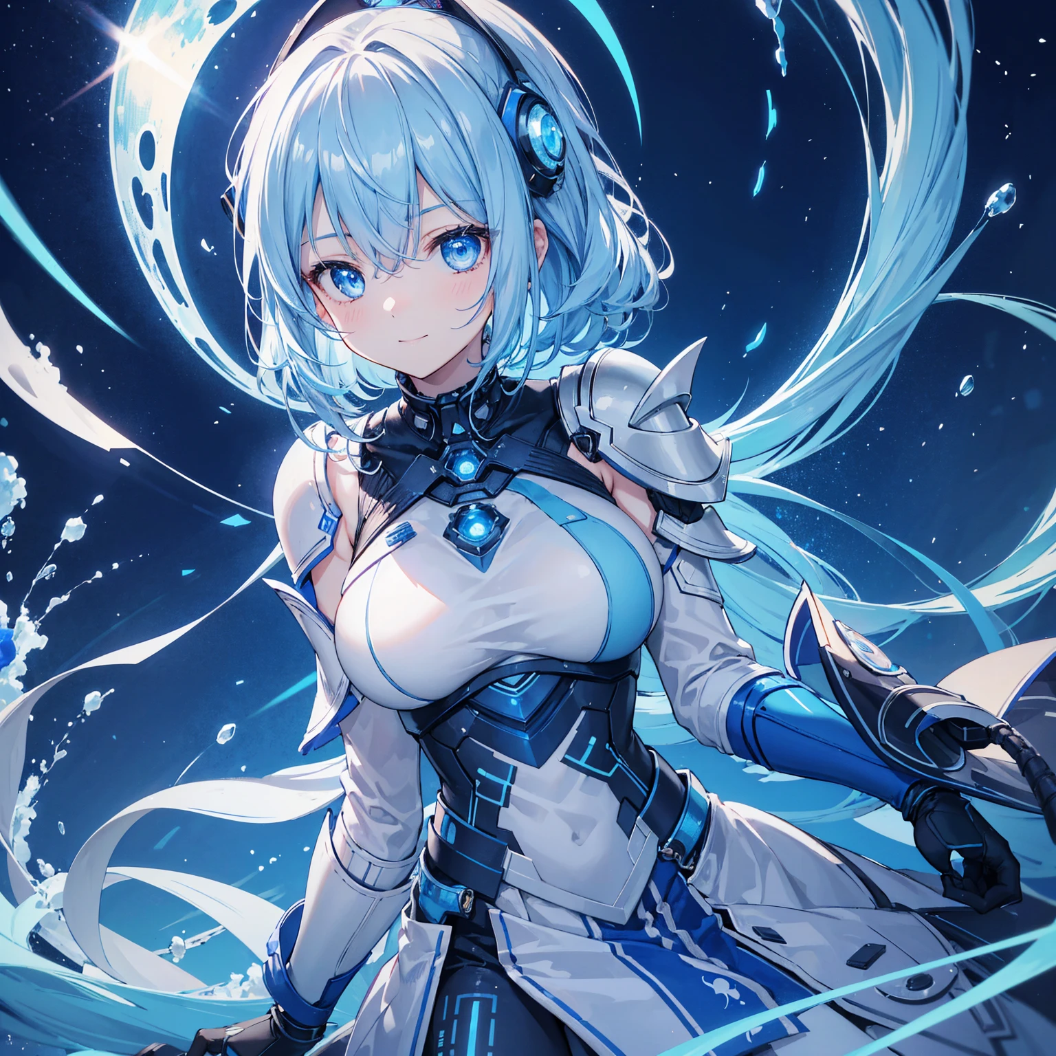 8k, highest quality, (real:1.4), Original photo, 1 girl, Asari Hair, Biological Amplifier, refined armor, posture: Peace talks between warring factions, smart blue eyes,A modest smile、Blue big moon and blue light swirl in the background、Blue light from behind、blue light magic