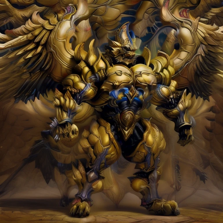 (Pokémon) (Zeraora), (masterpiece, best quality, detailed:1.2), (nj5furry), (medieval armor:1.3) sparkling skin, Vibrant colors, 4K, GOLD armor, Its full plate armor emphasizes the muscles. big muscle (pecs, triceps, traps) unusually developed muscular body, body full of huge muscles. showing off muscles, pectorales enormes. Exaggeratedly huge muscles. Gigachad Muscular, Very muscular, Large pecs, Spread wings, It has wings. have big wings. has 10 large wings. It has large golden wings. The feathers on its wings are detailed and realistic. FULL BODY, giant, huge body, long legs, Shining like gold,