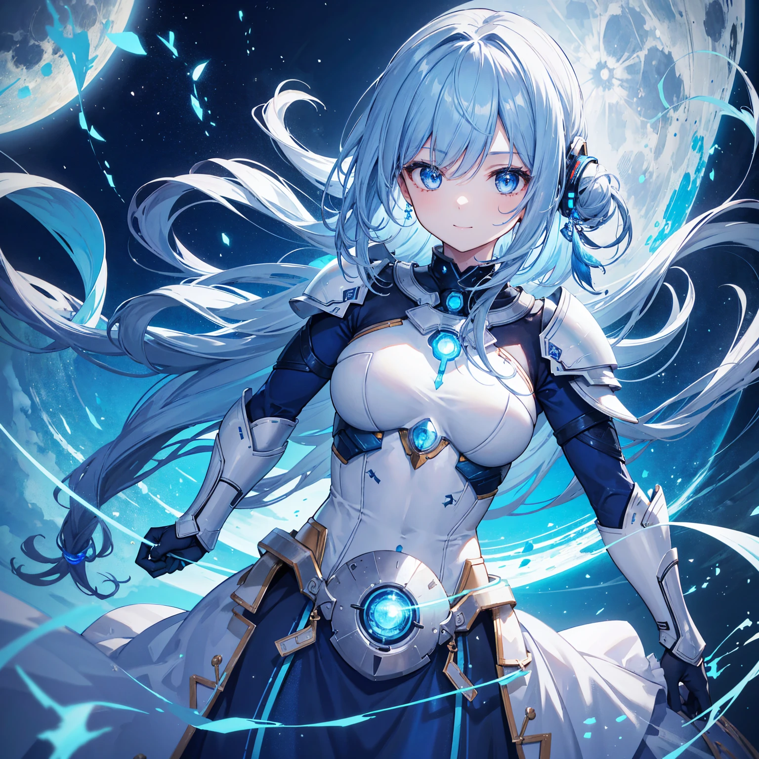 8k, highest quality, (real:1.4), Original photo, 1 girl, Asari Hair, Biological Amplifier, refined armor, posture: Peace talks between warring factions, smart blue eyes,A modest smile、Blue big moon and blue light swirl in the background、Blue light from behind、blue light magic